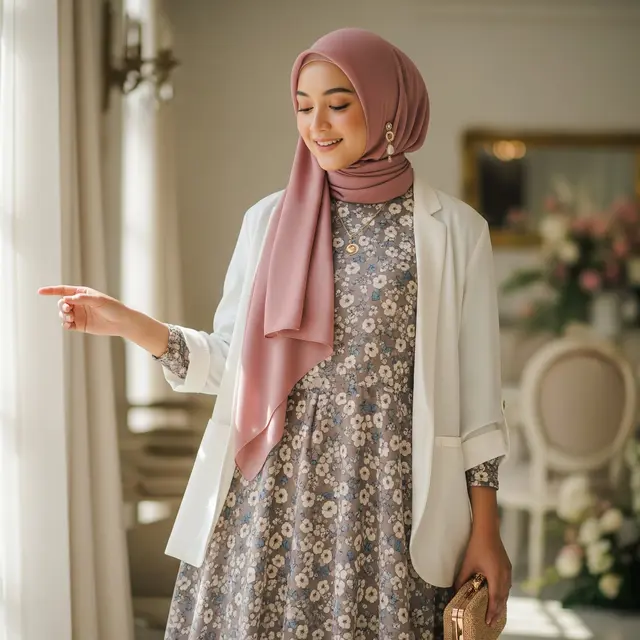 Gamis Motif Bunga Soft dengan Blazer Tipis