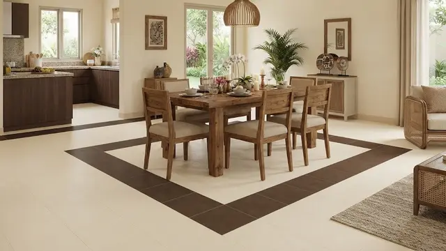 Kombinasi 2 warna keramik polos yang bikin tampilan rumah jadi mewah model cokelat krem untuk ruang makan