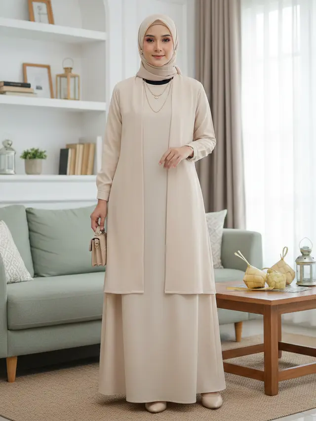 Model Gamis Rompi Terbuka Tren Busana Lebaran 2026 (Foto: Gemini AI)