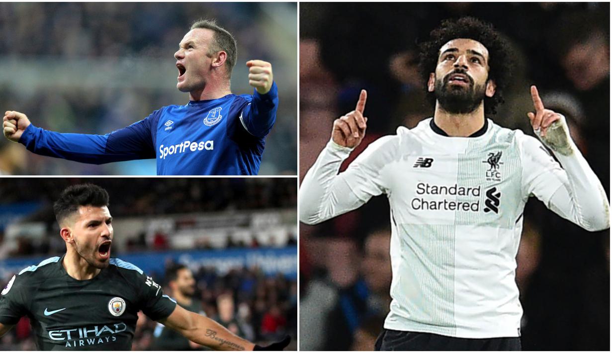 Berikut ini top scorer sementara Premier League musim 2017/2018 hingga pekan ke-18. Wayne Rooney masuk jejeran pencetak gol terbanyak, Mohamed Salah semakin nyaman berada di puncak. (Kolase foto-foto AP dan AFP)