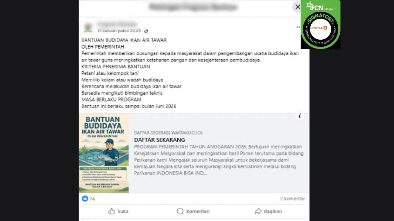 Tangkapan layar klaim link pendaftaran bantuan budidaya ikan air tawar dari pemerintah hingga Juni 2026 yang beredar di Facebook.