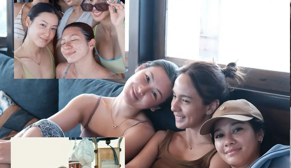 Naysilla juga mengenakan swimsuit putih. Ia juga terlihat mengenakan jaket abu-abu dan topi cap coklat. Naysilla juga tampil girly dengan long dress hitamnya.  [@naymirdad]