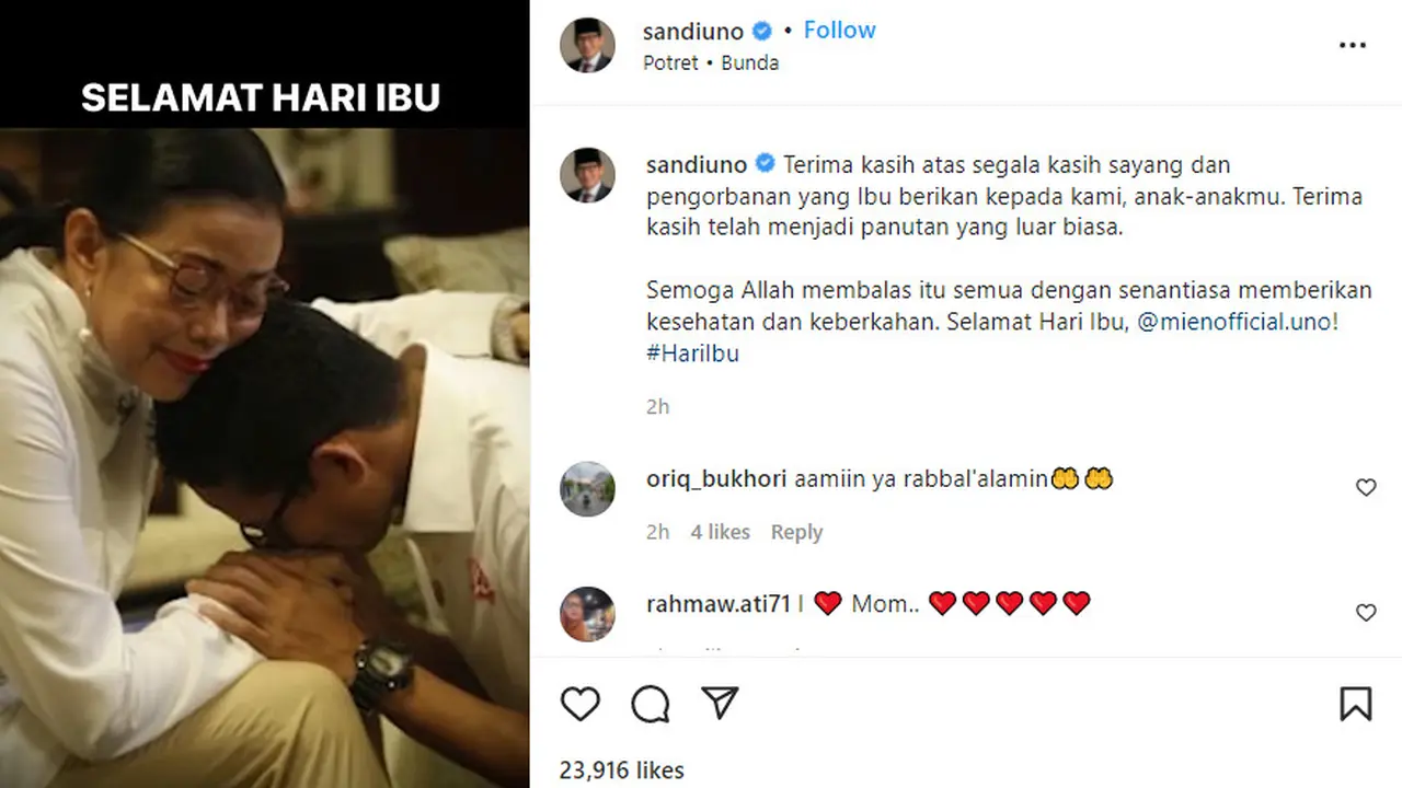 Menparekraf Sandiaga Uno mengunggah video ucapan hari ibu 2021 lewat akun Instagramnya.