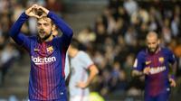 Pemain Barcelona, Jose Arnaiz merayakan gol ke gawang Celta Vigo pada pertandingan leg pertama babak 16 besar Copa del Rey di Stadion Balaidos, Kamis (4/1). Barcelona unggul lebih dulu sebelum Celta Vigo menyeimbangkan skor 1-1. (AP/Lalo R. Villar)