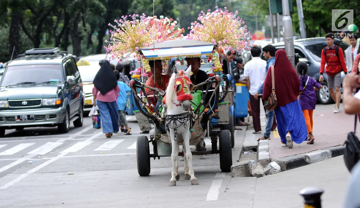 Delman hias menunggu penumpang di Jalan Medan Merdeka Selatan, Jakarta, Selasa (26/12). Pemerintah Provinsi DKI Jakarta berencana menyusun aturan soal dibolehkannya delman beroperasi di sekitar Monas. (Liputan6.com/Helmi Fithriansyah)