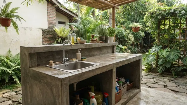 Desain Tempat Cuci Piring Belakang Rumah dengan Meja Cor Dua Tingkat