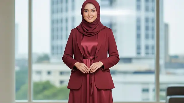 Gamis Satin Flowy dengan Outer Blazer Tipis Warna Senada