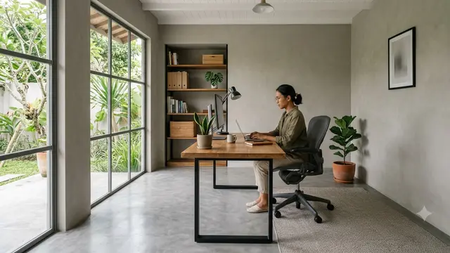 Desain Rumah Lantai Semen Ekspos Halus, Terlihat Elegan, Bersih dan Bikin Nyaman Model Lantai Semen Ekspos di Ruang Kerja Rumah
