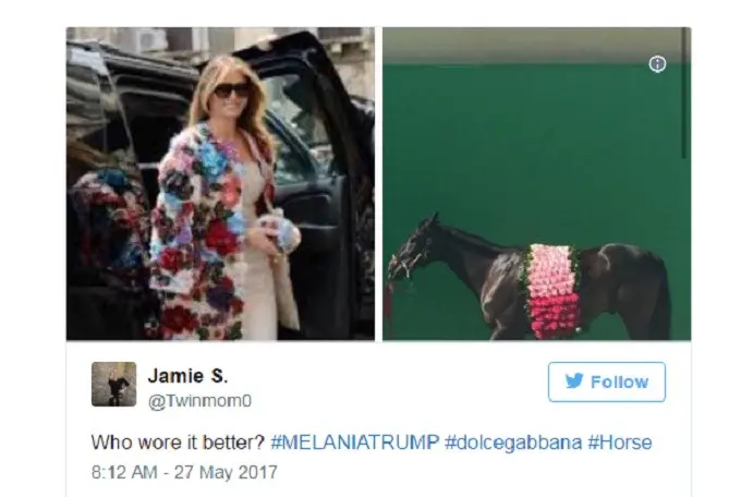 Komentar netizen menanggapi gaya berpakaian ibu negara Amerika Serika Melania Trump (Twitter/@Twinmom0)