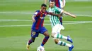 Usai laga berakhir Barcelona mengumumkan bahwa Ansu Fati mengalami cedera robek pada meniskus di lutut kirinya dan harus istirahat selama empat bulan. (AP Photo/Joan Monfort)