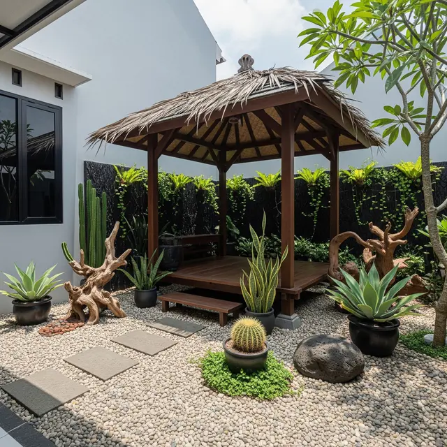 6 Ide Gazebo dengan Taman Kering, Paduan Estetika Alam dengan Perawatan Mudah