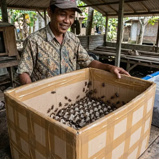 Ternak jangkrik di kardus tebal