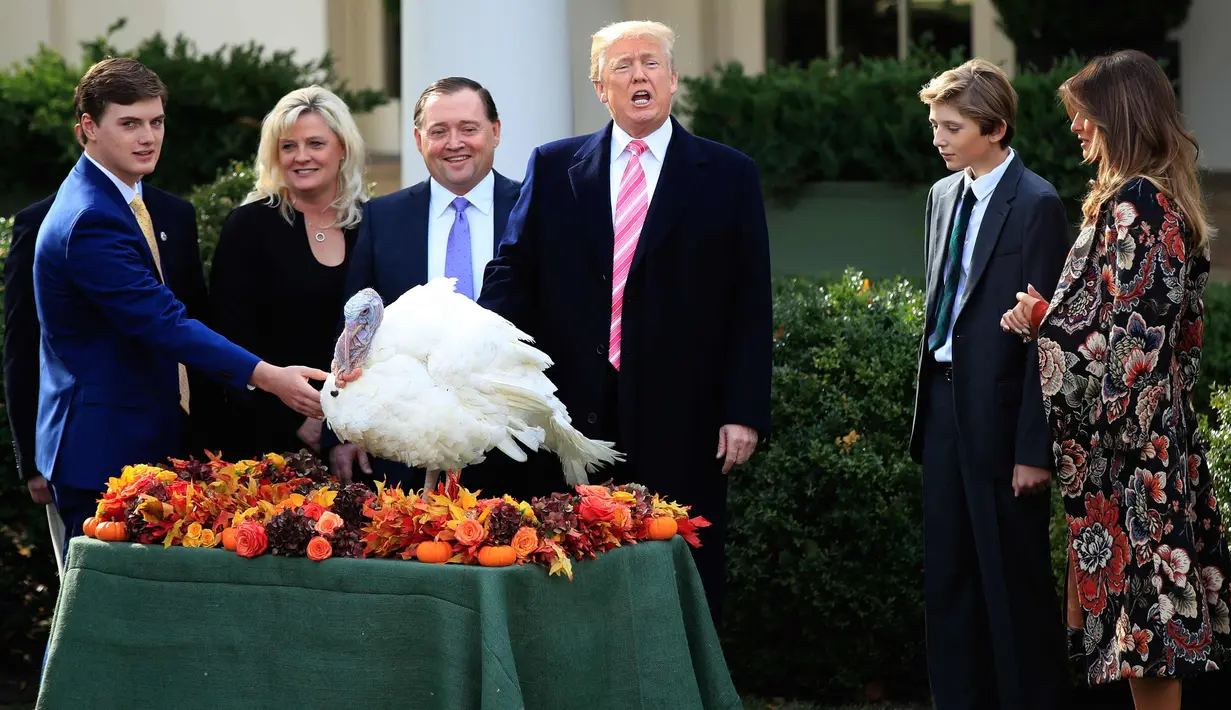 Presiden AS, Donald Trump bersama Ibu Negara Melania Trump dan putra Barron berpartisipasi dalam upacara pengampunan kalkun di Hari Thanksgiving yang ke 70 tahun di Taman Mawar Gedung Putih di Washington, AS, (21/11). (AP Photo / E Manuel Balce Ceneta)