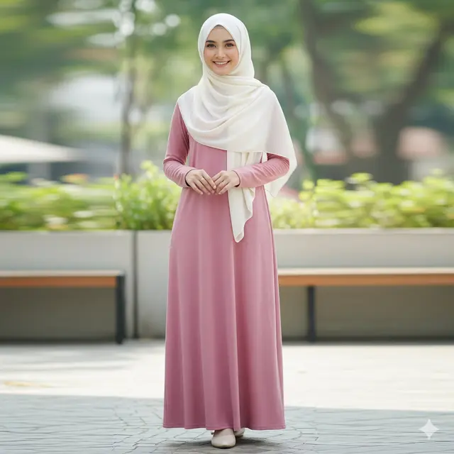 Dress Dusty Pink dengan Hijab Ivory
