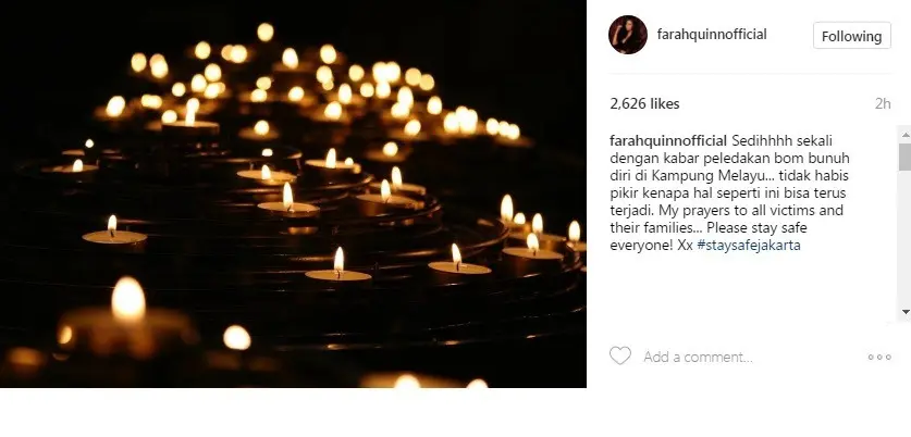 Farah Quinn bersedih mendengar kabar ledakan bom Kampung Melayu (Foto: Instagram)