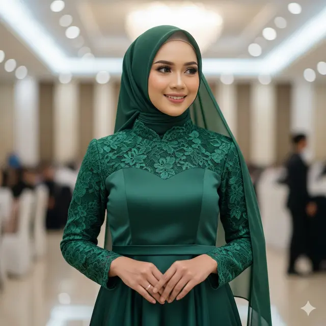 Dress Panjang Renda Kombinasi Satin Muslim