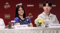 Felisha Pasaribu dan Seo Seung Jae dalam konferensi pers Inonesia Open 2025 di Hotel Fairmont, Jakarta, Senin (2/6/2025). (Bola.com/Bagaskara Lazuardi)