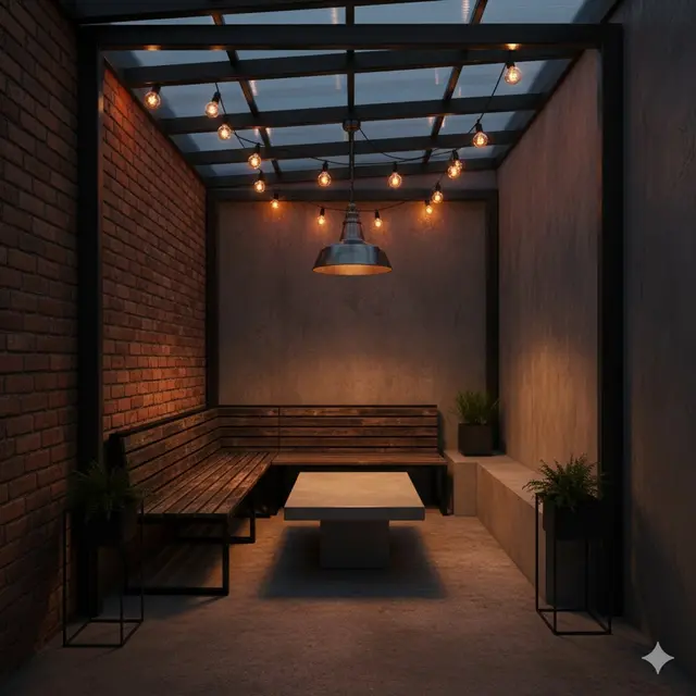 Teras Industrial-Kafe dengan Pencahayaan Mood