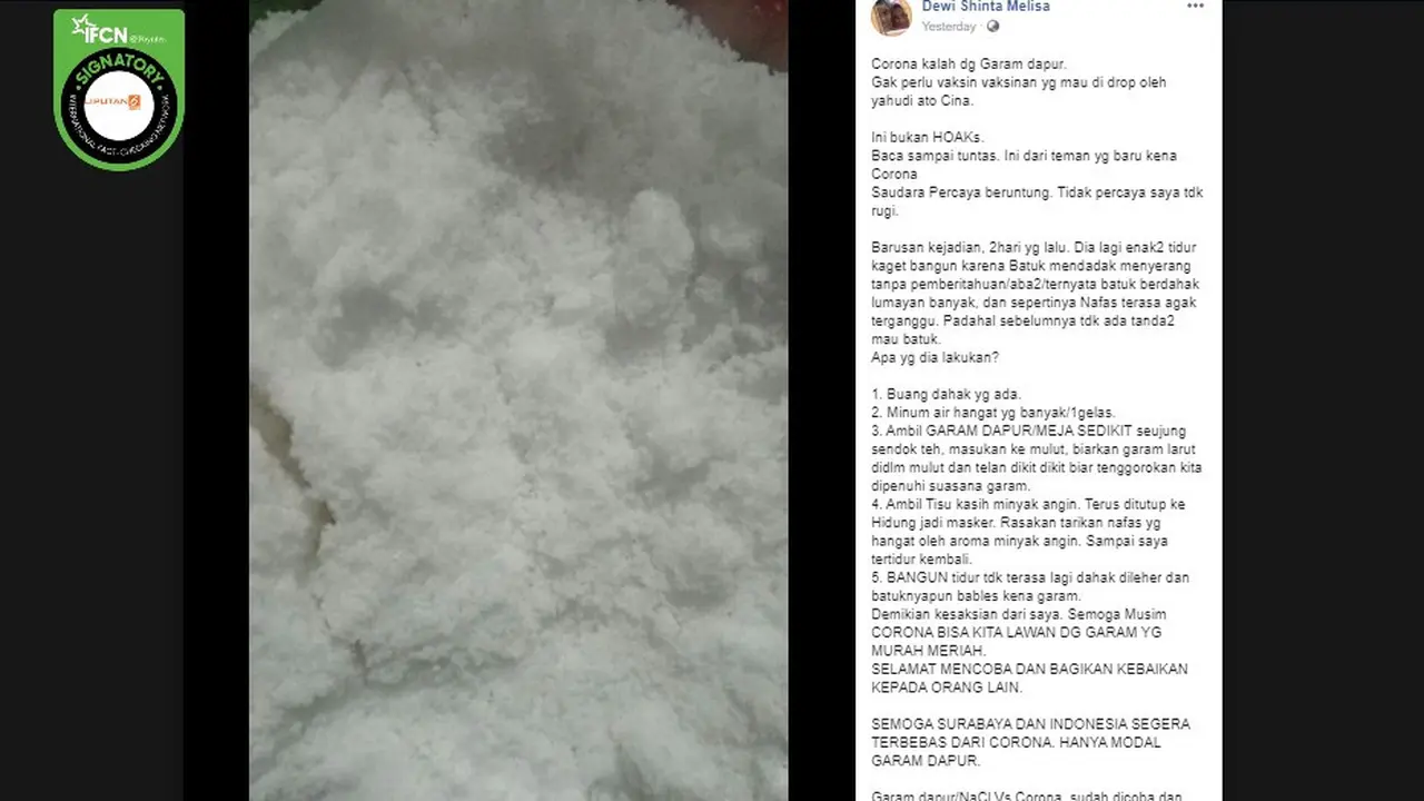 CEK FAKTA: Hoaks Garam Dapur Bisa Mengalahkan Corona (Facebook)