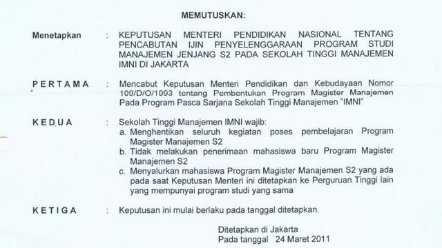 Kepmendiknas No. 56/E/0/2011 Soal Pencabutan Izin Prodi S2 Manajemen IMNI (Sumber: http://lldikti12.ristekdikti.go.id)
