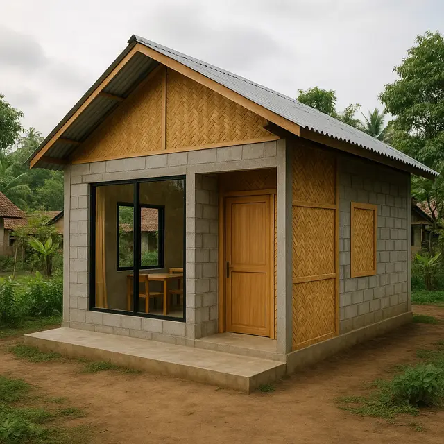 Model Rumah Sederhana Batako dengan Dinding Anyaman Bambu di Desa (Image by ChatGPT)
