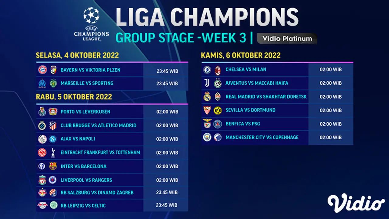 Jadwal Lengkap Liga Champions 2022/23 Week 3 Live Vidio 4 sampai 6 Oktober 2022 : Ada Big Match Inter Milan Vs Barcelona