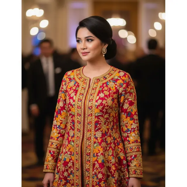 Tunik Brokat Motif Phulkari (Sulaman India)