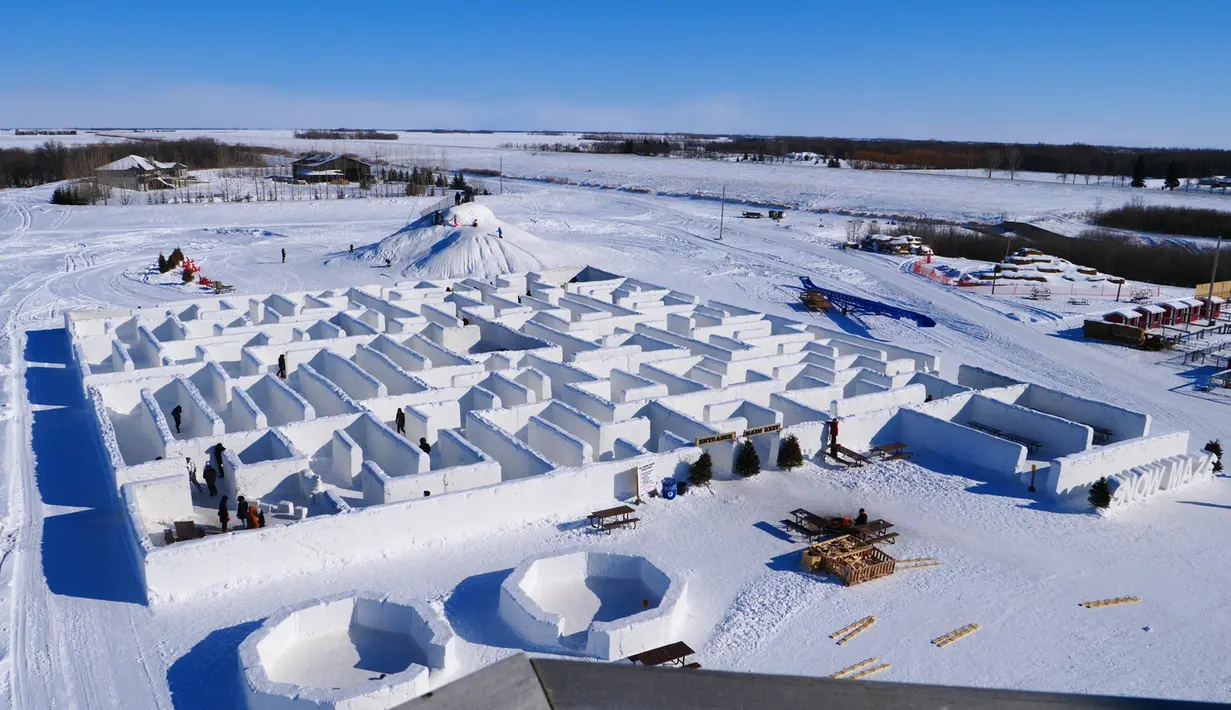 Orang-orang bermain di labirin salju yang dibuat Clint dan Angie Masse di St. Adolphe, Kanada, 3 Maret 2019. Labirin salju di lahan seluas 2.789 meter persegi di ladang jagung mereka memecahkan rekor sebagai yang terbesar di dunia. (Thibault JOURDAN/AFP)
