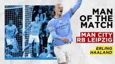 Berita Motion grafis ulasan permainan hebat Erling Haaland sebagai Man of the Match, saat Manchester City bantai RB Leipzig 7-0 di leg kedua 16 besar Liga Champions.