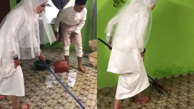 Pasangan pengantin bersih-bersih rumah