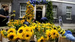 Toko bunga menyiapkan pintu masuk ke 10 Downing Street dengan bunga matahari yang merupakan bunga nasional Ukraina, sehari menjelang Hari Kemerdekaan Ukraina, di London, Selasa (23/8/2022). Perdana Menteri Boris Johnson menunjukkan solidaritas Inggris dengan Ukraina dengan bunga matahari untuk memperingati hari kemerdekaan negara Eropa timur itu. (AP Photo/Frank Augstein)