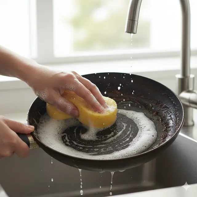 Cara membersihkan teflon gosong (Foto: Gemini AI)