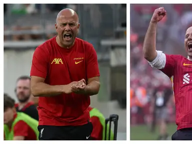 Arne Slot didapuk sebagai suksesor Jurgen Klopp sebagai pelatih Liverpool pada musim 2024/2025. Seperti diketahui, Slot tak banyak merombak pemain-pemain inti The Reds yang biasa dimainkan oleh Klopp. Hal tersebut membuahkan penampilan solid Liverpool sejak awal musim. The Reds memastikan gelar juara Liga Inggris pada pekan ke-34 dengan raihan 82 poin atau terpaut 15 angka dari Arsenal sebagai runner up. Ia juga tercatat sebagai pelatih Belanda pertama yang berhasil meraih gelar Liga Inggris. (Foto kolase: AFP)