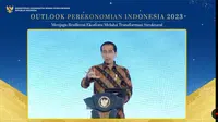 Presiden  Jokowi dalam seminar outlook perekonomian Indonesia 2023 dengan tema resiliensi ekonomi melalui transformasi struktural, di Jakarta, Rabu (21/12/2022).
