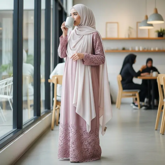 9 Model Gamis Brokat Modern dengan Hijab Pashmina, Tampil Anggun dan Kekinian