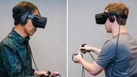 Presiden Jokowi ditemani pendiri sekaligus CEO Facebook, Mark Zuckerberg, melakukan demo teknologi virtual reality (Oculus Rift) saat berkunjung ke kantor Facebook di Silicon Valley, San Fransisco, Rabu (17/2). (facebook.com/zuck)