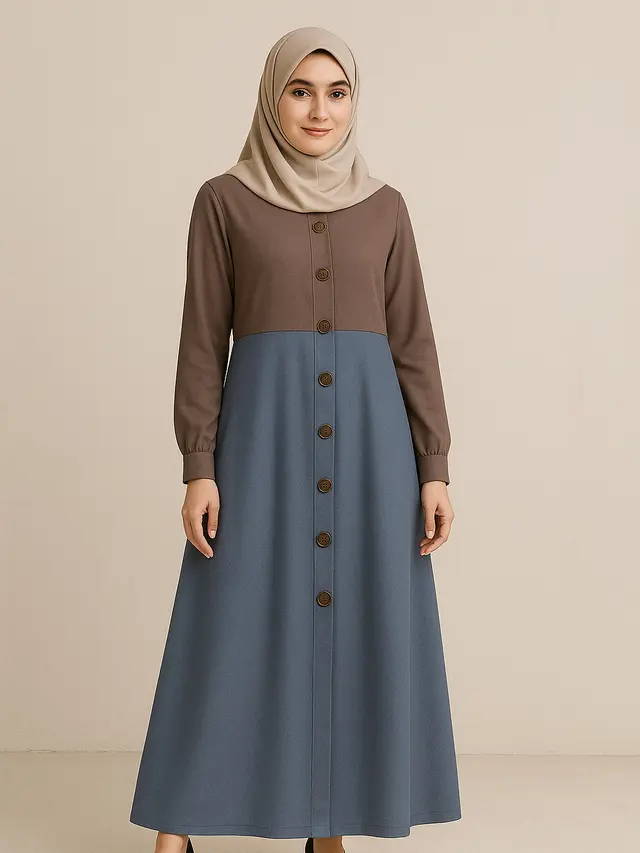 Inspirasi Model Gamis Syari A-Line Kombinasi Polos Terbaru