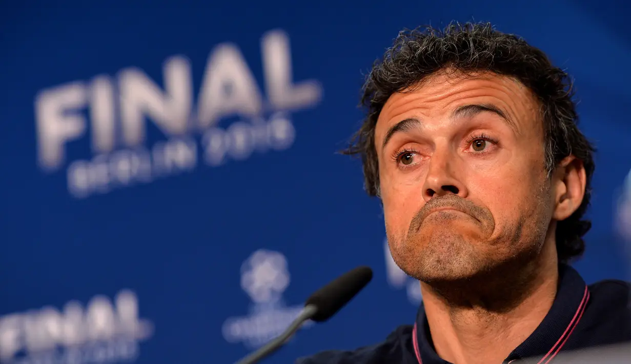 Pelatih Barcelona, Luis Enrique melakukan jumpa pers jelang laga final Liga Champions di Olympiastadion Berlin, Jerman (5/6/201515). Barcelona akan menghadapi Juventus di Final Liga Champions. (Reuters)