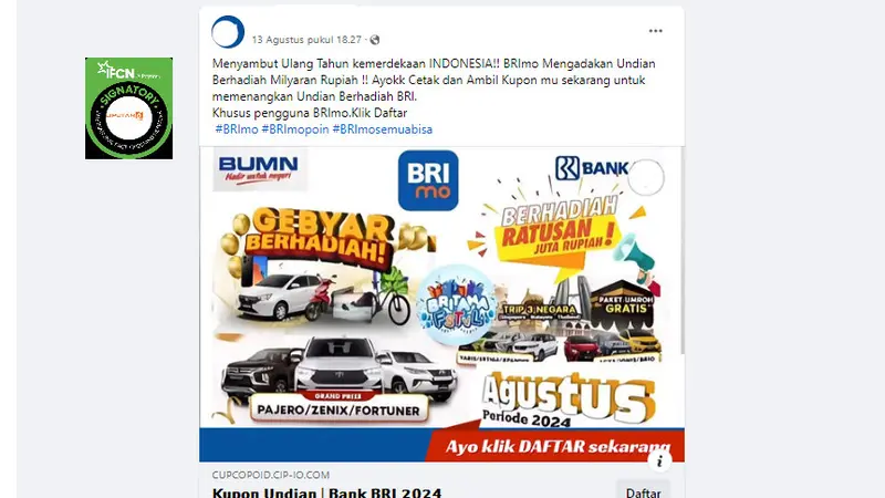 Tangkapan layar klaim BRI menggelar undian berhadiah miliaran rupiah menyambut ulang tahun kemerdekaan Indonesia