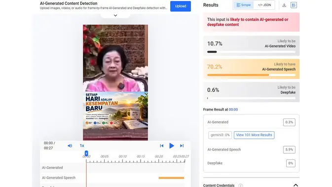 Video dan audio dalam klaim Megawati akan memberikan bantuan dana modal usaha menunjukkan hasil AI. (Foto: tangkapan layar Hive Moderation)
