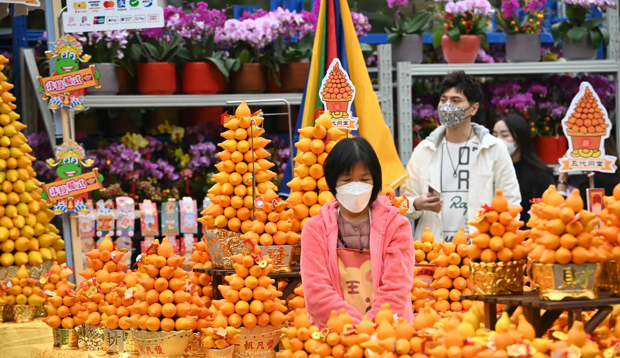 Pengunjung melihat tanaman dan bunga pada hari pembukaan pasar bunga di Hong Kong (16/1/2023). Menjelang Tahun Baru Imlek yang menandai tahun Kelinci pasar bunga di Hong Kong mulai ramai di kunjungi pengunjung. (AFP/Peter Parks)