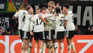 Selebrasi Timnas Jerman usai menjebol gawang Timnas Slovakia di Grup A Kualifikasi Piala Dunia 2026 zona Eropa, Selasa (18/11/2025) dini hari WIB. (AP Photo/Matthias Schrader)