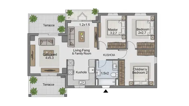 Ilustrasi Gambar Desain Rumah 8x12 dengan 3 Kamar dan Mushola