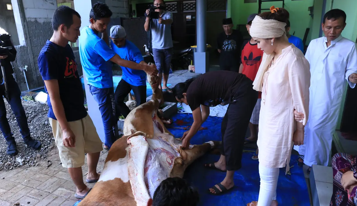 Meski seorang selebriti papan atas, pedangdut asal Depok itu terlihat cuek ikut membantu memotong-motong daging untuk dibagikan kepada kaum dhuafa. Ibu satu anak itu juga tidak merasa jijik. (Adrian Putra/Bintang.com)