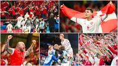 Pemain dan suporter Timnas Denmark tampak bersuka cita usai dipastikan lolos ke babak 16 besar Euro 2020. Mereka tampak meledak-ledak merayakan keberhasilan tersebut. Denmark finis sebagai runner-up Grup B mendampingi Belgia yang keluar sebagai juara grup.
