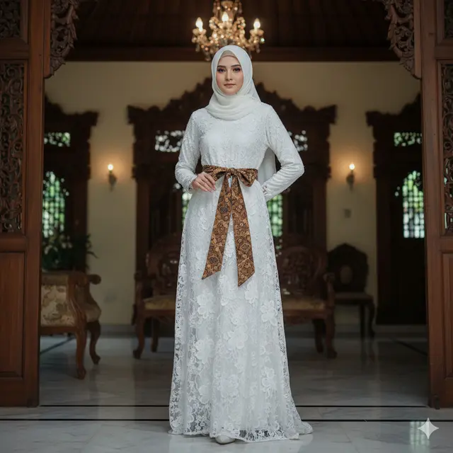 Gamis Putih Brokat Aksen Batik Coklat Earthy Tone