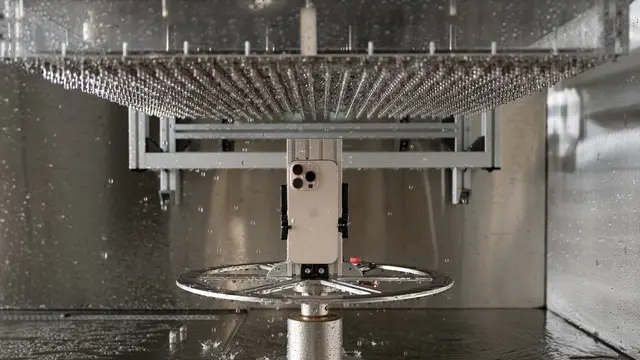 Uji tahan air pada iPhone di Apple Labs di Cupertino, California, AS. Credit: Apple