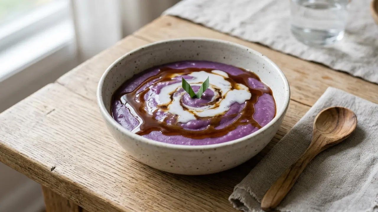 Ilustrasi resep bubur sumsum ubi ungu dengan gula merah