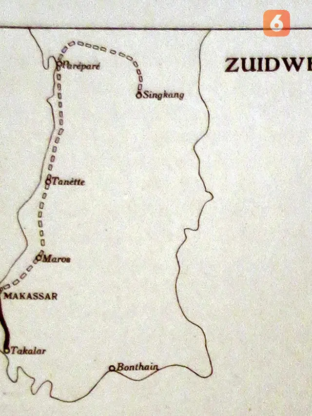 Peta jalur trem uap Makassar–Takalar dan rencana jalur Makassar–Parepare–Singkang melewati Maros, Tanete, Parepare. (Sumber: Gedenkboek der Staatsspoor en Tramwegen, 1925)