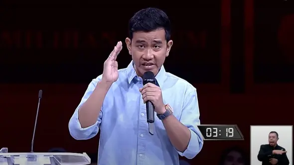 <p>&nbsp;Calon Wakil Presiden Nomor Urut 02 Gibran Rakabuming Raka dalam debat Cawapres, Minggu (21/1/2024). (Sumber Foto: Tangkapan Layar Youtube KPU).</p>